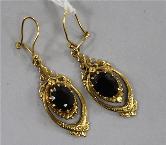 A pair of Victorian style 9ct gold and gem set earrings.